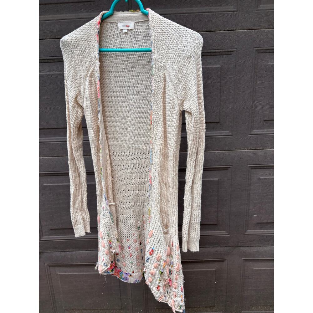 Anthropologie Fiets Voor2 Womens Beige Knit Cardigan Open Front Silk Ribbon s/m